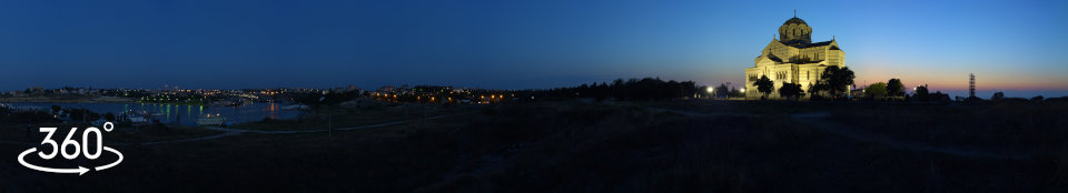 Ночной Херсонес. Вид на Херсонесский Владимирский собор и Карантинную бухту на закате
