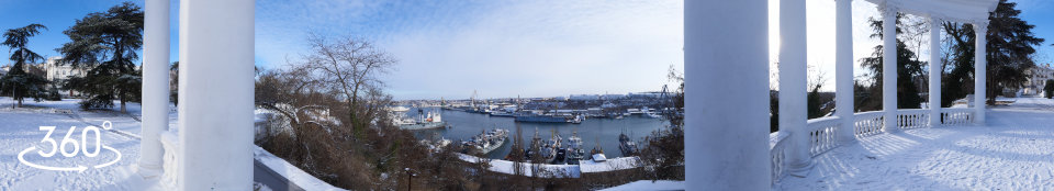 Севастополь, зима, Ротонда, вид на Южную бухту. Панорамное фото 360 градусов
